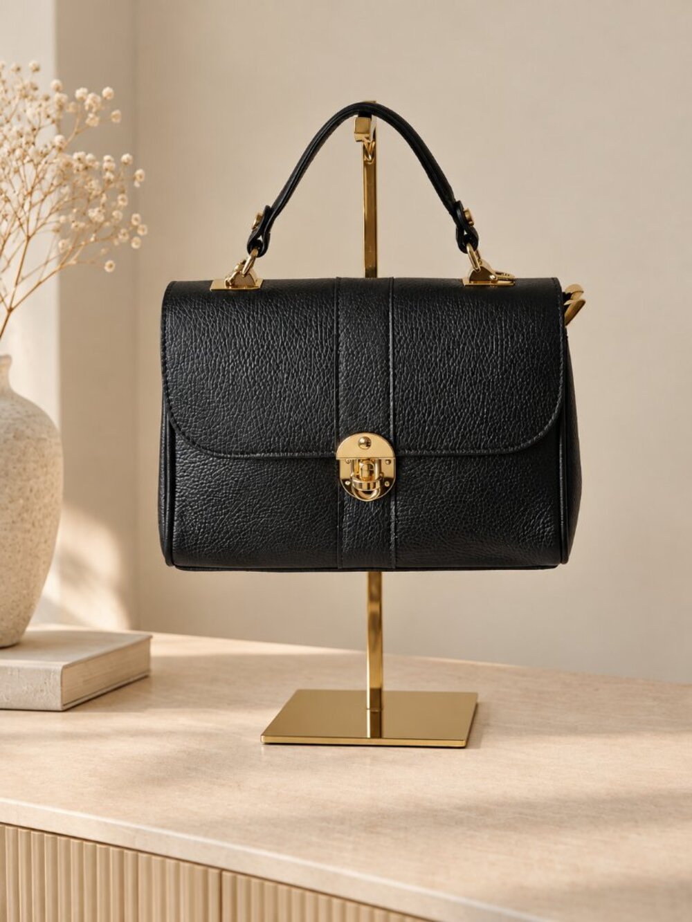 Black Leather Crossbody Bag, Small Top Handle Purse, Structured Black Handbag
